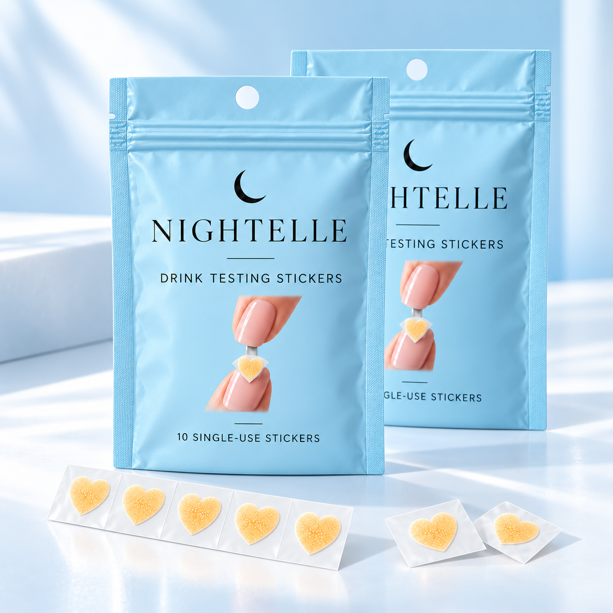 Two ice-blue Nightelle pouches, the 20-sticker duo