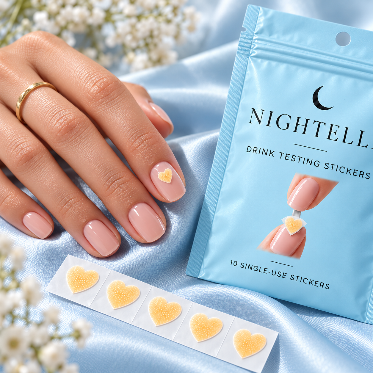 Close-up of a Nightelle heart sticker on a manicured nail