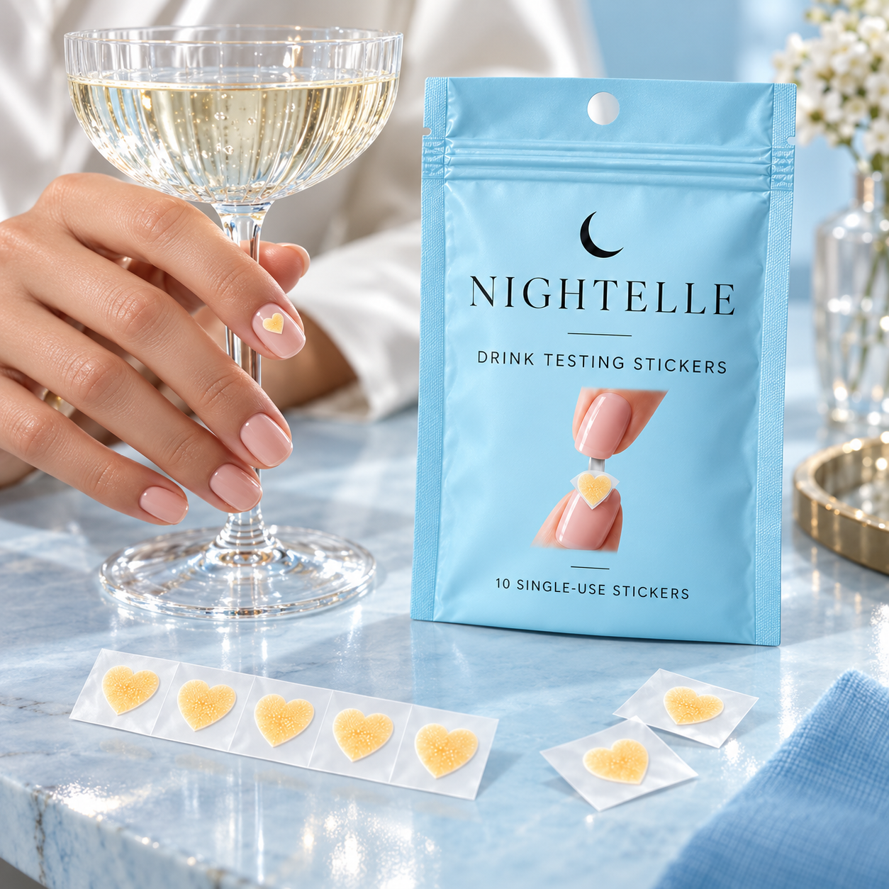 Heart-shaped nail sticker beside the Nightelle pouch